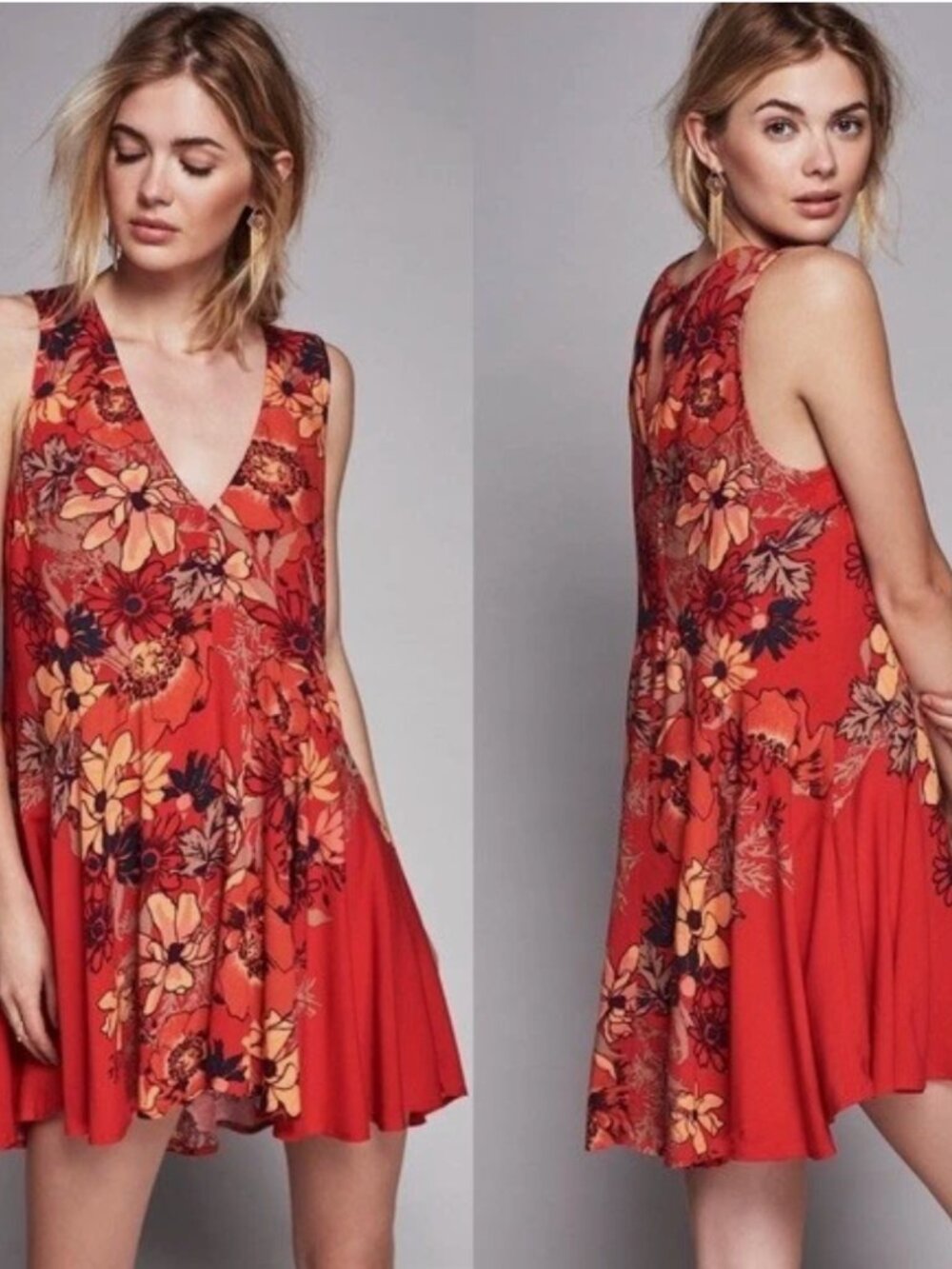 Free People Backyard Party Gauze Printed Tunic Red Floral Small